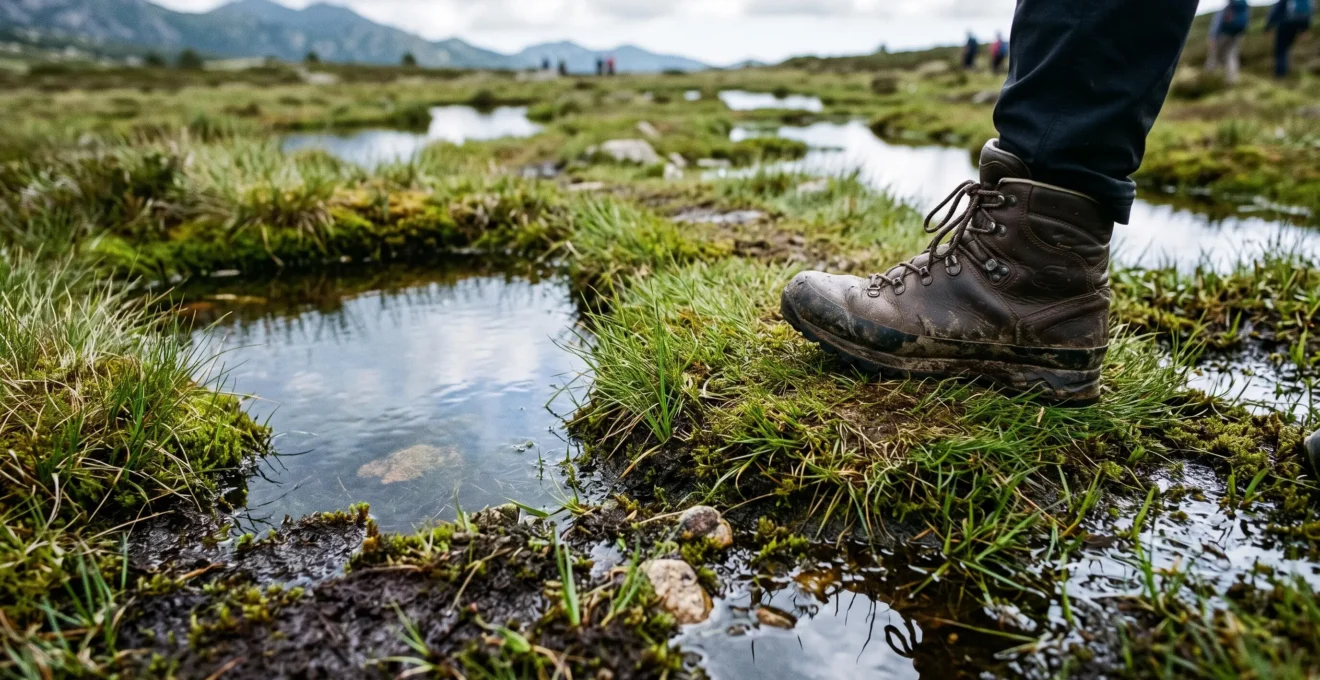 Sol tourbeux d'une pozzine corse avec flaques d'eau et bottes de randonnée